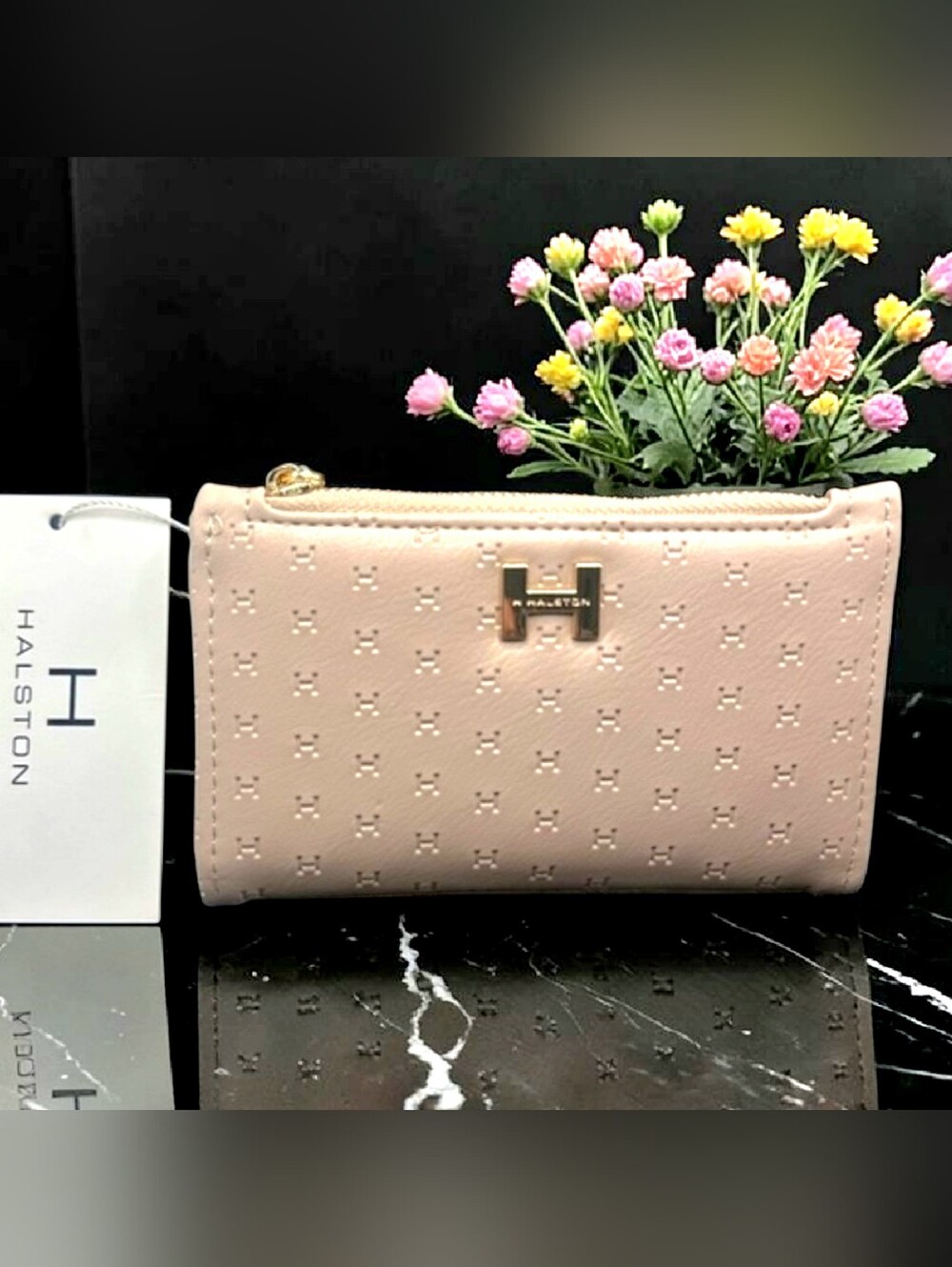 H By Halston Beige Faux Leather Monogram Wallet NWT